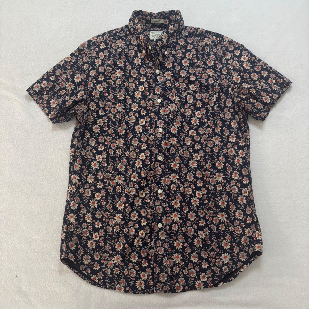 J.Crew Mens Secret Wash Short Sleeve Floral Button Down Shirt Navy Blue Large